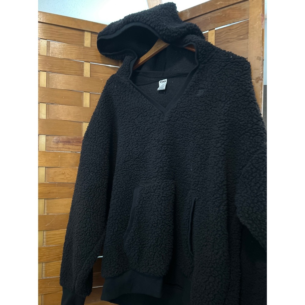 PINK Victoria's Secret Sherpa Fleece Hoodie Pullover V Neck Black Size LG